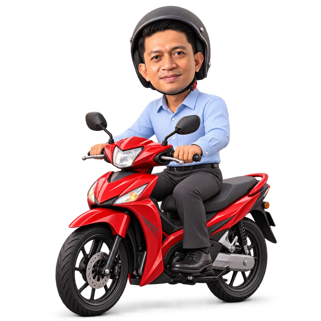 Ilustrasi Abang Japar memakai topi keledar dan menaiki motosikal merah